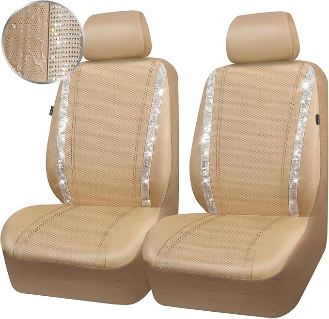 CAR PASS Leather Bling Diamond Car Seat Covers 2 Front Interior Sets, Waterproof Universal Shining Glitter Crystal Sparkle Fit for 95% Automotive Truck SUV Cute Women Girl, Beige Rhinestone