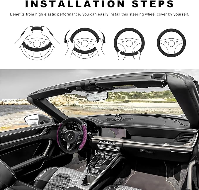 Bling Soft Leather Steering Wheel Cover, 14.5-15 Inch Sparkly Rhinestones Non-Slip Car Steering Wheel Protector, Elastic Auto Steering Wheel Cover Interior for Women Girls (Purple)
