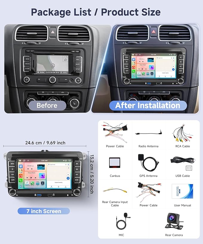 8 Core 6G+128G Android Car Stereo for VW Golf MK5 MK6 Passat Jetta Tiguan T5 EOS Polo with Wireless CarPlay Android Auto, 7” Touchscreen Car Radio GPS WiFi SWC Bluetooth 32EQ Backup Camera
