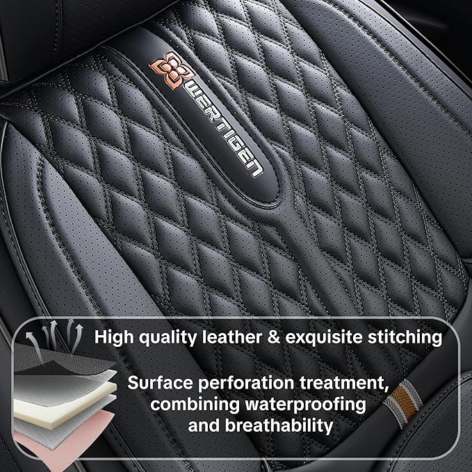 Black Car Seat Covers for Ford Bronco Sport 2021-2025 Car Seat Cover, Leather, 5 Piece Full Set, with Lumbar Support, Anti-Slip, Suitable for All Seasons, Beautify The Interior of Old Cars