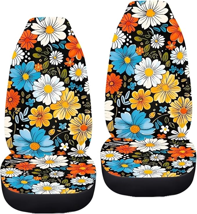 BIGCARJOB Hippie Daisy Car Seat Cover Set for Front Seat Only,2 Pack Blossom Flower Printed Auto Front Seat Protector Saddle Blanket for Women Girly Car Interior Accessories