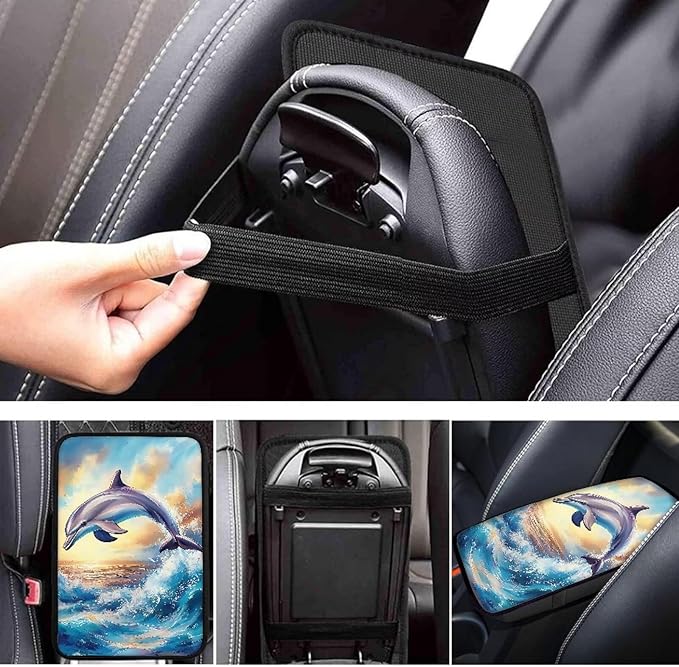Suobstales Dolphin Sea Wave Sunset Print Car Armrest Pad Soft Center Console Arm Rest Protector Cover Universal Car Interior Accessories Decoration