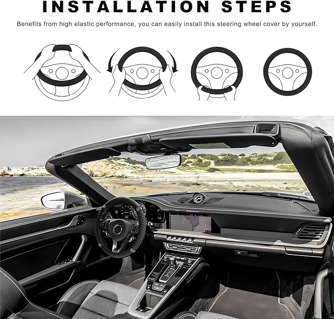 Bling Soft Leather Steering Wheel Cover, 14.5-15 Inch Sparkly Rhinestones Non-Slip Car Steering Wheel Protector, Elastic Auto Steering Wheel Cover Interior for Women Girls (Black)
