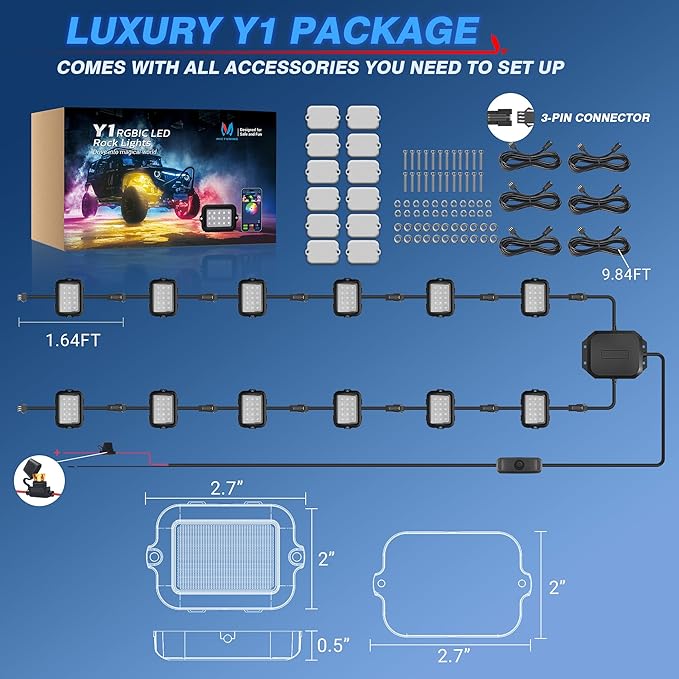MICTUNING Y1 RGB+IC Dream Color Rock Lights - Upgraded 12 Pods Underglow Light with Chasing Effect, Wheel Well Light with Wiring Switch Kit, Bluetooth APP Control, Extensible Up to 24 Pods