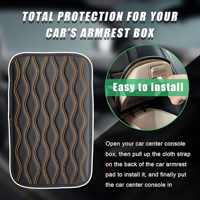 Car Center Console Pad, Waterproof Auto Armrest Seat Box Cover, PU Leather Arm Rest Protector Cushion Pad, Universal Vehicle Interior Protection Accessories for Car SUV (Black & Orange)