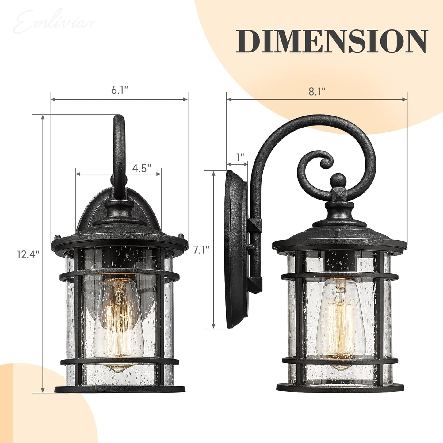 Emliviar Outdoor Wall Light Fixture - Modern Exterior Wall Sconce for House with Seeded Glass Shade, 12.5 Inch Height, Black Finish, XE229B-S BK