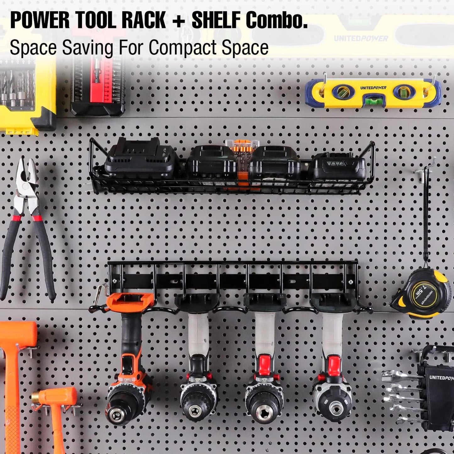 UNITEDPOWER Wall Mounted Power Tool Organizer Holder, Heavy Duty Utility Storage Rack for Battery Powered Hand Tools, Cordless Drill Rack, Workshop, Shed, Garage, Home