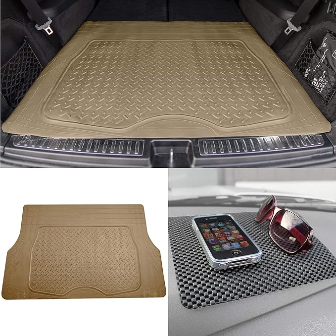 TLH Premium Trimmable Beige Cargo Mat Car Trunk Liner Universal Fit Set w/Black Dash Pad, Trimmable Automotive Floor Mats, Climaproof™ Floor Mats for Most Sedan, Cars, SUV, Truck Floor Mats.