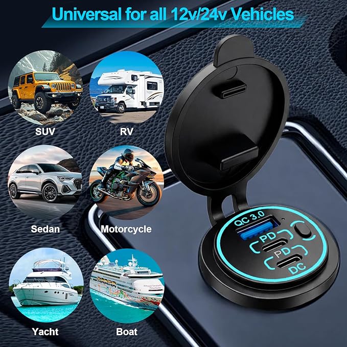 12v usb charger, PD 20W USB-C Power Socket and 18W QC3.0 Socket Waterproof Power Outlet 12V/24V with Power Switch 12V USB C Outlet for Car Golf Cart Boat Marine Bus Truck RV Marine Motorcycle etc.