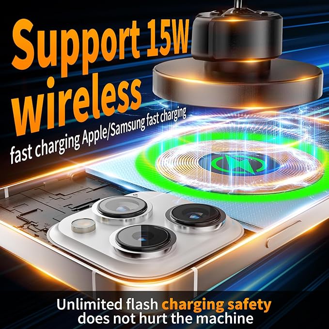 Magnetic Car Mount Charger Wireless, 15W Fast Charging 2 in 1 Magnetic Cell Phone Holder Stick on Dashboard Windshield, 360° Foldable Full Metal Car Accessories for iPhone16/15/14/13/12 Series