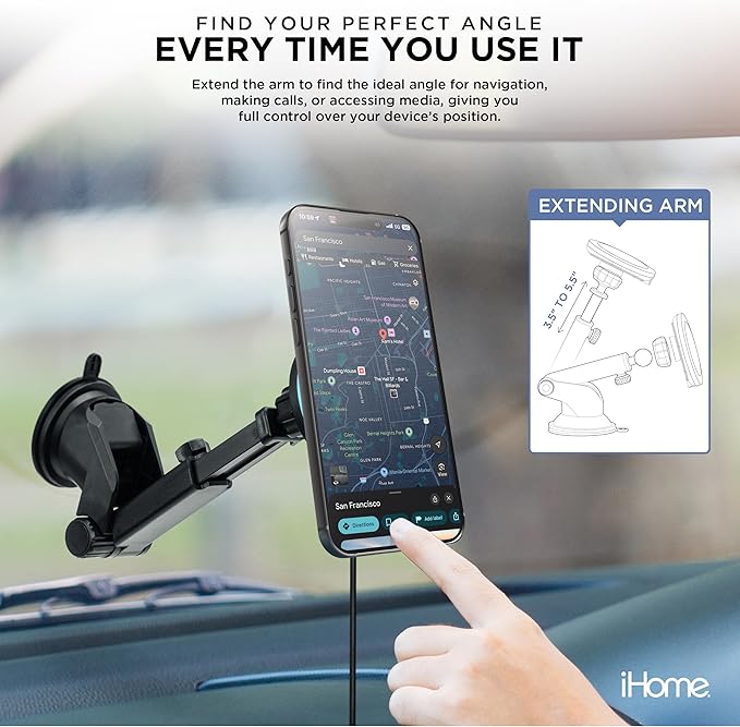 iHome 3-in-1 Magnetic Wireless Charging, Flexible Mount for Vent, Dash & Windshield, 15W Fast Charge
