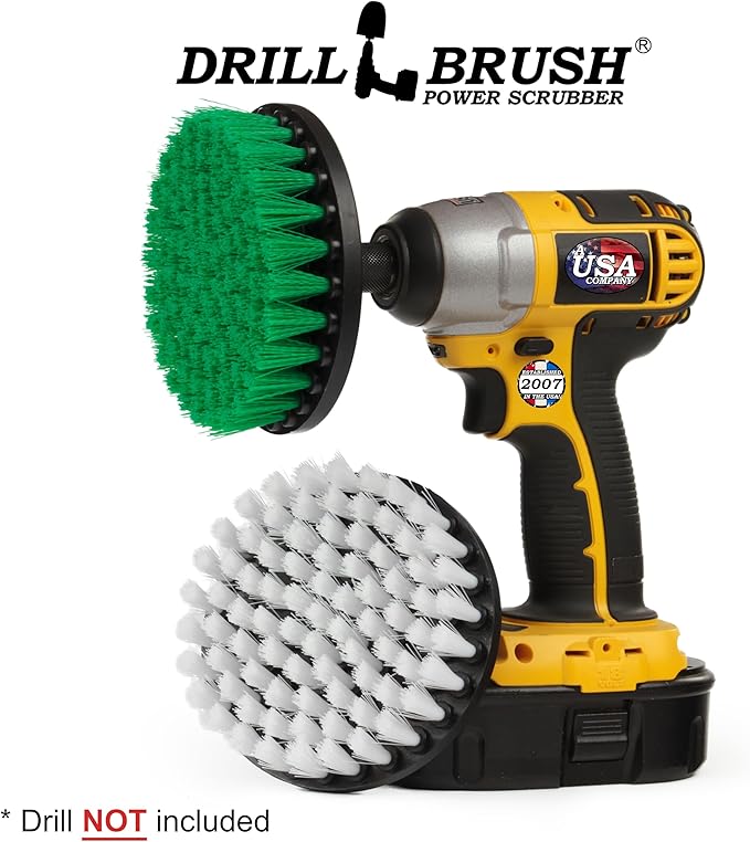 Household Cleaners - Drill Brush Soft White and Medium Green Combo Kit - Cleaning Supplies - Glass Cleaner - Scrub Brush - Leather, Shower Doors, Carpet, Fabric and Vinyl Seats - Kitchen Sink