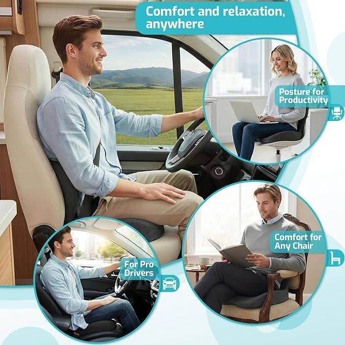 Trucker Seat Cushion, Car Seat Cushions with Lumbar Support Pillow, Ergonomic L-Shaped Orthopedic Memory Foam Pad for Long Driving Back Pain Sciatica Relief, Drivers Office Workers (Black+WE)