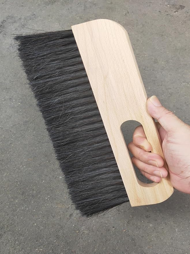 1Pcs large concrete brush, 11.8 inch long thick horsehair cleaning brush tool, masonry concrete broom hand brush, dust removal brush, soft black horsehair fiber, with comfortable wooden handle
