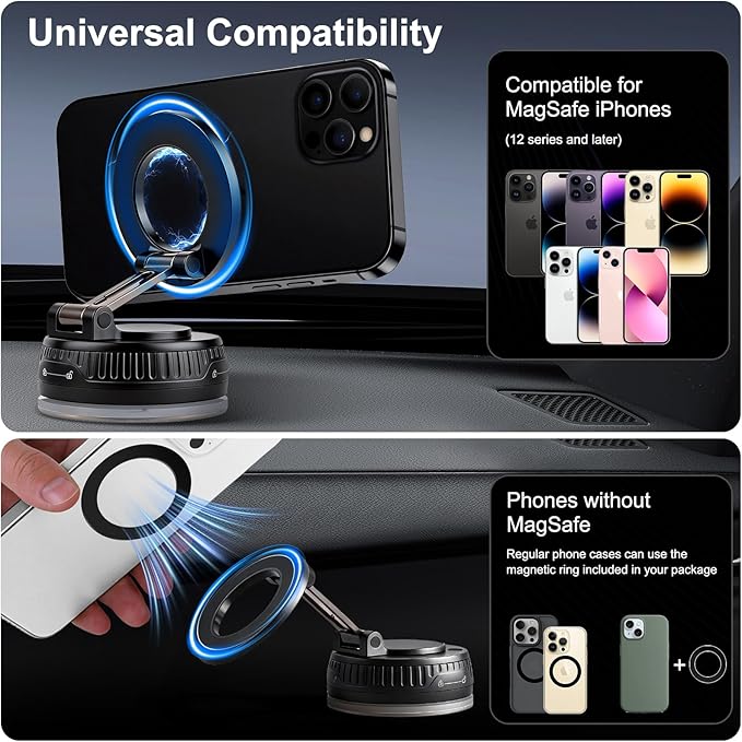 Magnetic Phone Holder for Car, Vacuum Suction Phone Mount Magnet Cell Phone Holder, 360° Rotation Foldable Windshield Dashboard Phone Holder Car Mount, Compatible with Magsafe iPhone & All Smartphones