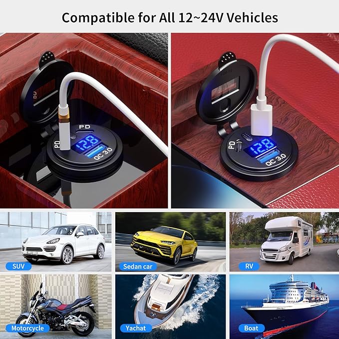 Kewig 12V USB Outlet Car Charge, 108W 3-Port Marine Fast Charger Waterproof Cigarette Outlet USB Replacement with Switch & Voltmeter, Suitable for Boat Golf Cart RV Motorcycle Truck