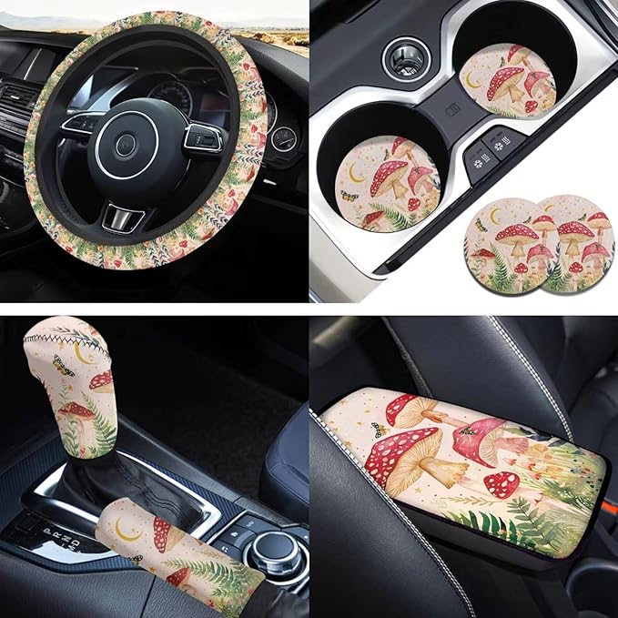 Red Mushroom Print Car Interior Accessories Cute Mushroom Car Steering Wheel Cover for Women Cup Coaster Handbrake Gear Cover Suit for Truck Vans SUV 6pcs