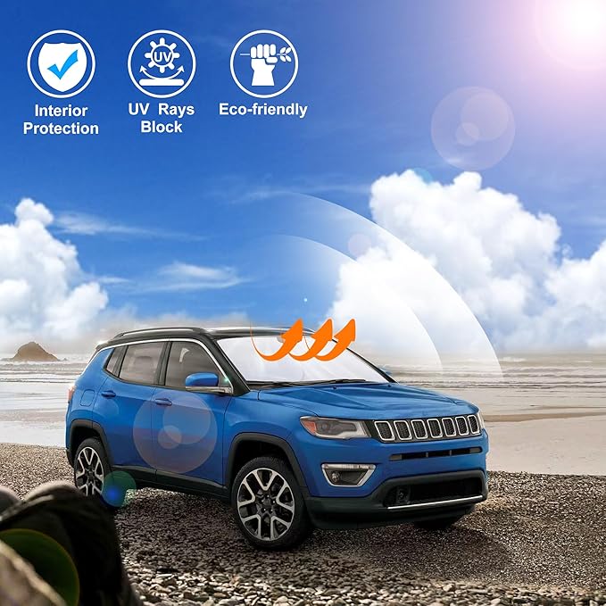 Windshield Sun Shade Custom Fit for 2017-2024 2025 Jeep Compass Accessories Foldable Sunshade Sun Blocker Protect Car from Sun Rays & Heat Damage Keep Car Cooler