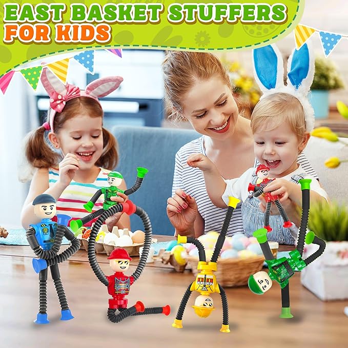 4Pcs Robot Sensory Travel Toys for Boy Toddlers Kids Year Old Ages 3 4 5 6 7 8 9, Airplane Travel Activities Suction Autistic Pop Tube Autism Fidget Toys Easter Basket Stuffer Valentine Gifts