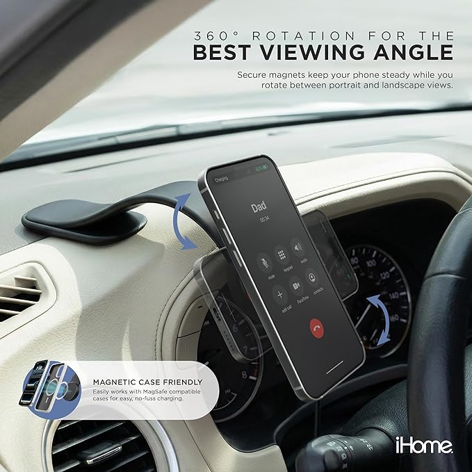 iHome Car Mount, Dashboard/Windshield/Vent Mount, Swivel Neck, Silicone Grip, Adjustable Mount Arm with Suction Cup Base (Magnetic Car Mount 15W)