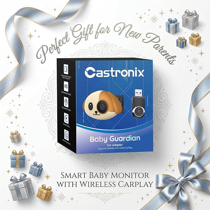 Cabin Care Baby Car Camera with Wireless CarPlay Adapter for iPhone Only, 1080P HD, IR Night Vision, 150° Wide-Angle, Real-Time Rear Seat Monitor, Works with Factory Wired CarPlay (Dog)
