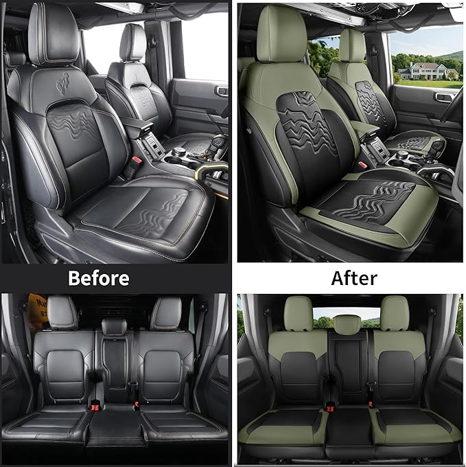 Red Rain Ford Car Seat Cover Customized Fit for Ford Bronco Seat Cover 4 Door 2025 2024 2023 2022 2021 Black and Green Seat Protector (Bronco 4Door-Black+Avocado Green)