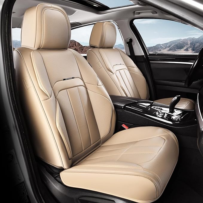 Coverado Car Seat Cover, Cover for Cars Full Seat, Premium Leather, Universal Fit Waterproof Seat Protectors, Car Seat Cushion Non-Slip for Most Cars-Beige