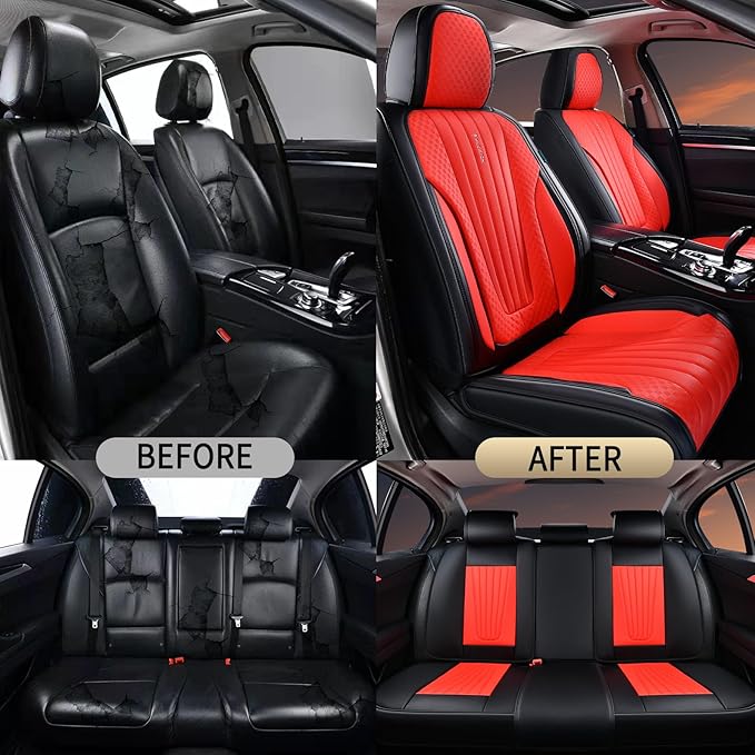 FLORICH Car Seat Covers, Premium Leatherette Car Seat Covers Full Set, Breathable Car Seat Cushion Front Seats and Back, Automotive Seat Protectors for Sedans Cars SUV Trucks - Black&Red