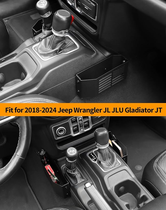 Hoolcar Metal Gear Shift Center Console Organizer Storage Box for 2018-2024 Jeep Wrangler JL JLU Gladiator JT & Rubicon Sahara 4XE Storage Box Tray, Flag Style