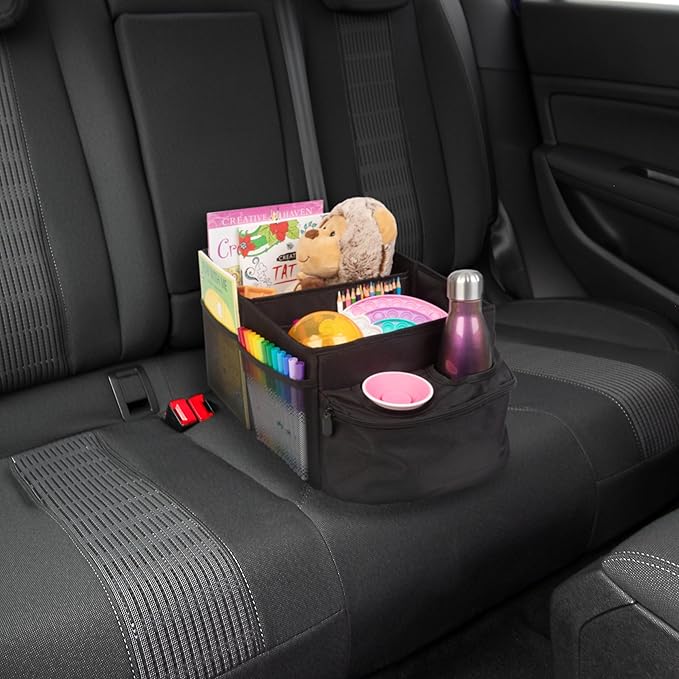 Backseat Car Organizer Back Seat or Front Car Seat Organizer - Collapsible Storage Box Caddy with 2 Cupholders and Partitions for Files, Books, Toys, Snacks, Drinks or Road Trip Essentials by Stalwart