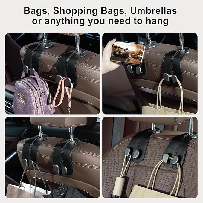CoBak Purse Hook for Car - Universal Premium Stitched Leather and Aluminum-Magnesium Alloy Double Car Seat Back Storage Hook for Purses, Handbags, Bags (4 Pack),Black
