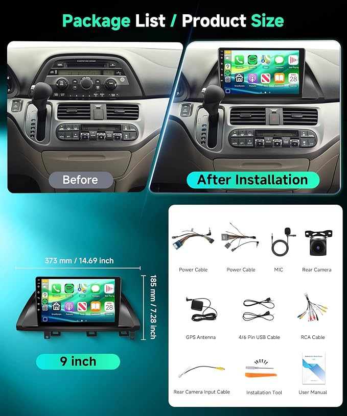 8 Core 6G+128G Android 15 Car Stereo Radio for Honda Odyssey 2005-2010, Rimoody Wireless Carplay Andorid auto GPS 5G-WiFi 10.1'' Touchscreen DSP Bluetooth 5.0 FM/RDS SWC Backup Camera