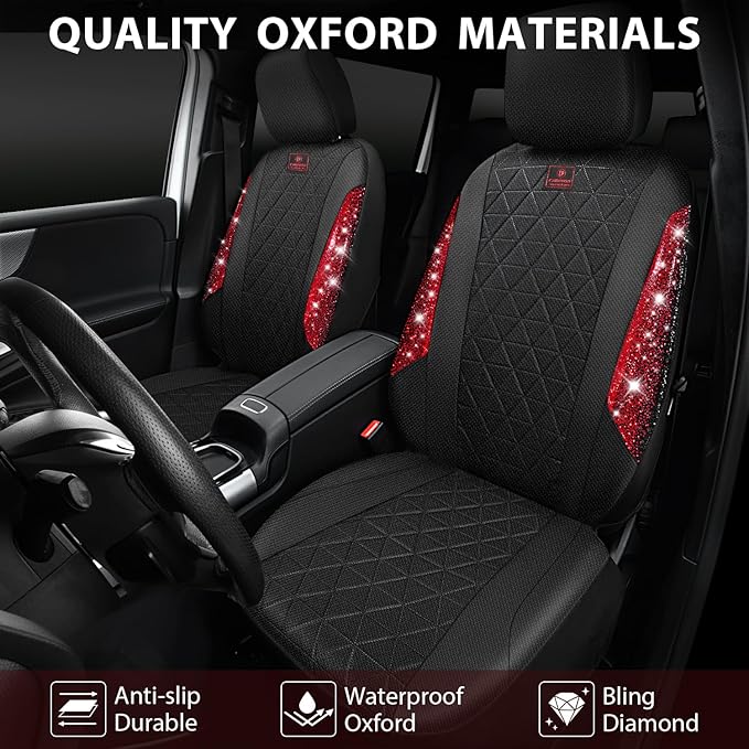 CAR PASS Oxford Bling Diamond Car Seat Covers Full Set Interior Sets, Waterproof Shining Glitter Sparkly Crystal Universal Armrest Fit 95% Automotive Truck SUV Cute Women Girl, Black Red Rhinestone