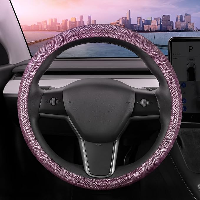 Purple Steering Wheel Cover, Standard 15 Inch Size Fits Most Vehicles, Cute Shiny Bling Car Steering Wheel Cover with Herringbone Detail, Car Accessories for Women