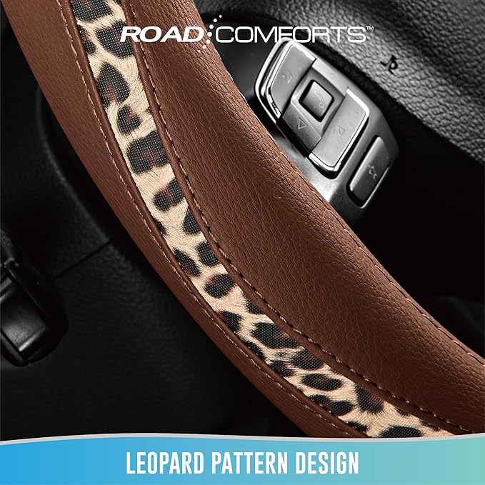 Road Comforts Steering Wheel Cover - Made with PVC Leather and Leopard Fabric - Universal 14 1/2 inches to 15 inches for Most Automotive Steering Wheel - Cheetah Print - Brown