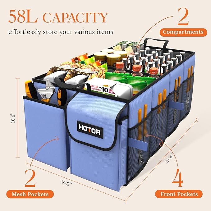 HOTOR Foldable Trunk Organizer - SUV & Sedan Compatible, 2 Compartments, Blue, 23.6"14.2"10.6" Sturdy Car Organization for Accessories, Tools, Sundries