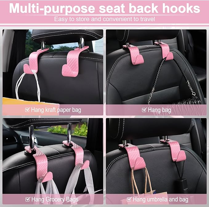 LivTee Car Purse Hook, Headrest Hook for Car, 4 Pack Universal Auto Car Seat Headrest Hook Hangers Organizer for Purse Coat Umbrellas Grocery Bags Handbag, Car Accessories - Carbon Fiber Pink