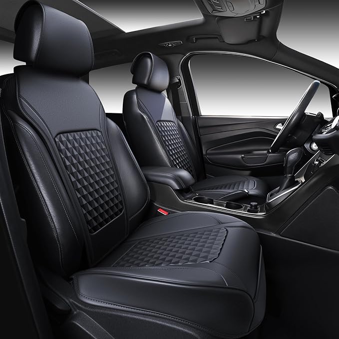 CAR PASS 2Pack Front Car Seat Covers Leather Memory Foam Water Proof Seat Protector Universal Fit for Cars SUVs Trucks Most Vehicles, 3D Foam Rhombus Sideless, Airbag Compatible Non-Slip, 2 Pcs Black