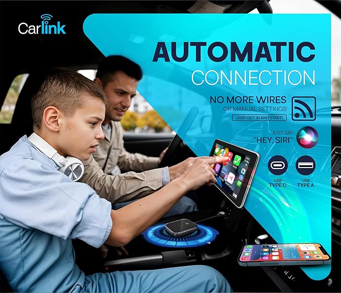 Carlink Wireless CarPlay & Android Auto Adapter for iPhone & Android - USB-C, No Latency, Seamless Multi-User Connection (iOS 10+, Bluetooth Car Stereo Support)