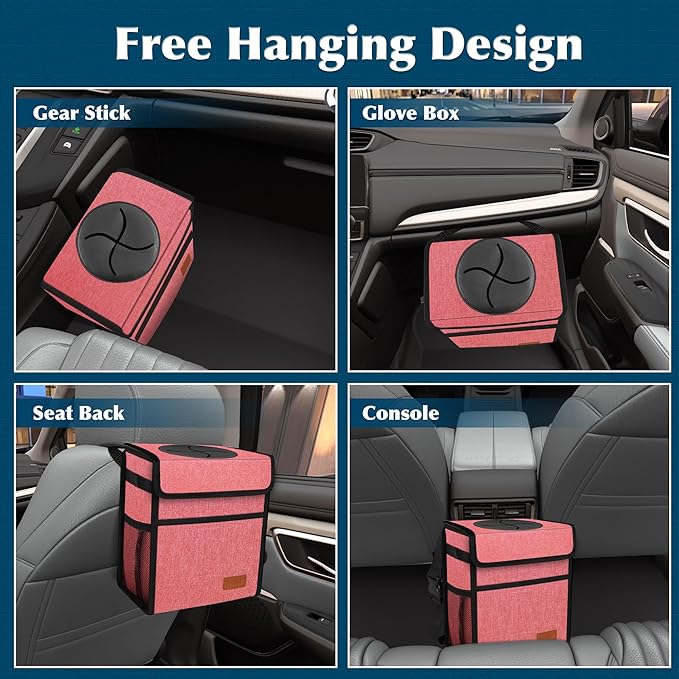 Femuar Car Trash Can with Lid - Leak Proof, Waterproof, Multipurpose Car Hanging for Headrest, Collapsible, Portable with Storage Mesh Pocket, Pink