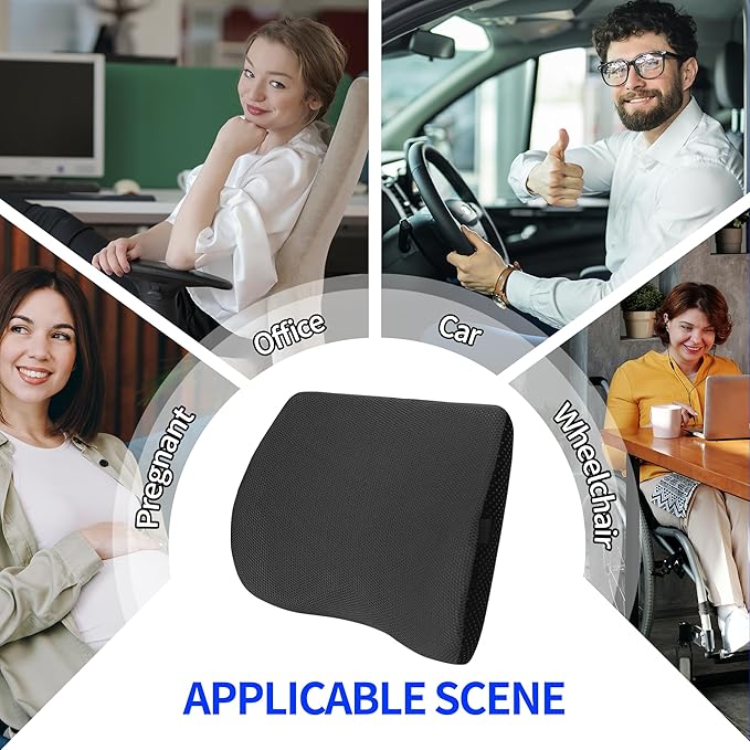Lumbar Support Pillow for Car, Lower Back Support for Driving Seat Memory Foam Lumbar Pillow for Office Chair - Back Pain Relief for Car Seat, Wheelchair (Black)