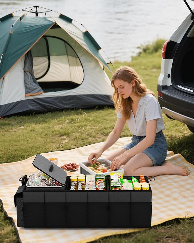 HOTOR Trunk Organizer, Sturdy Foldable with Cooler for Car & SUV, 3 Compartments, Black, 30.90”×12.60”×10.63”