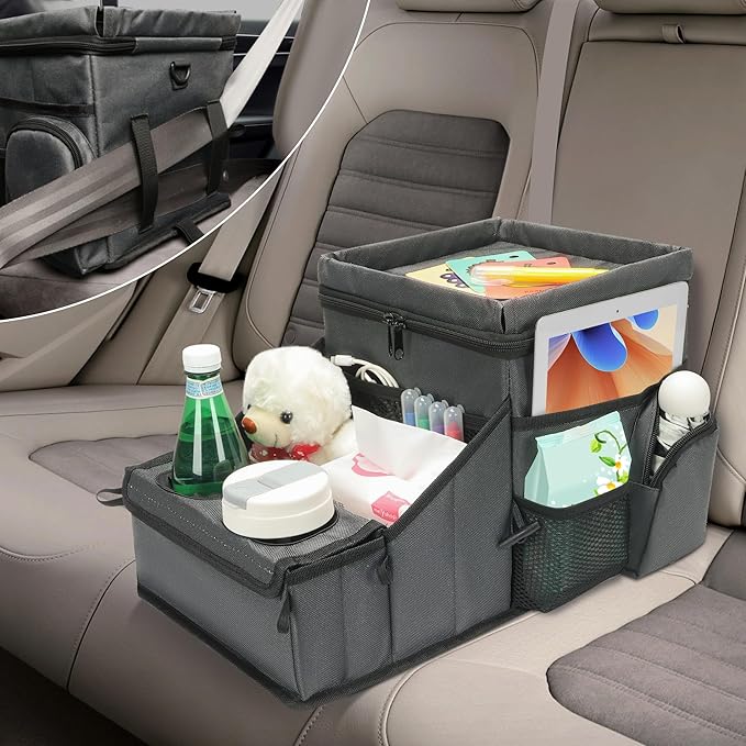 Car Seat Organizer, Backseat Car Organizer with Cup Holder Tray and Storages for Kids and Adults, Portable Travel Cooler for Car for Front or Back Seat Passenger Organizer Ccompartment (Grey)