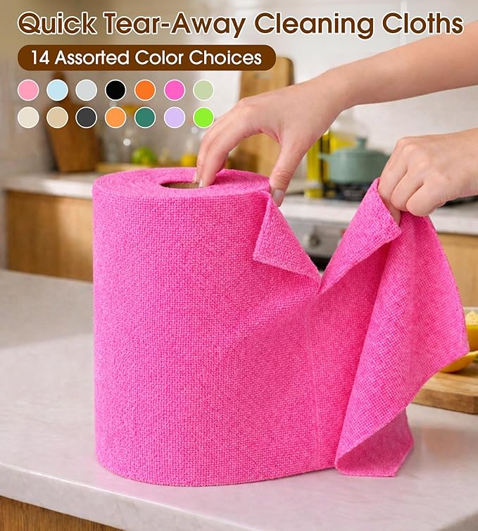 KitchLife Microfiber Cleaning Cloth Roll, 100 Pack - Tear-Away Microfiber Paper Towels, Lint-Free, Reusable, Washable for Kitchen, Car, Dishes, and Sensitive Surfaces (Hot Pink)