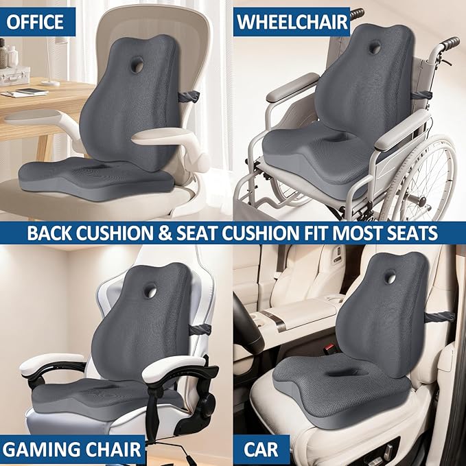 Seat Cushion,Lumbar Support Pillow for Office Chair,Memory Foam Coccyx Seat Cushion,Ergonomic Mesh Back Support Pillow,Office Desk Chair Cushion for Sciatica,Back&Tailbone Pain Relief,Grey