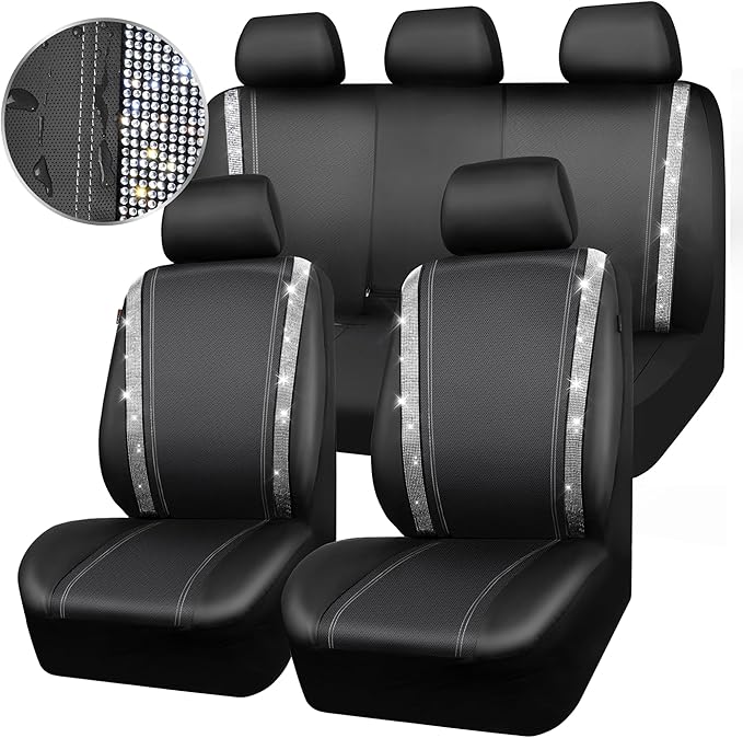 CAR PASS Bling Diamond Car Seat Covers Full Set, Shining Rhinestone Waterproof Faux Leather, Rear with Zipper, Universal Fit Automotive Glitter Crystal Sparkle Strips for Cute Women Girl, Silver