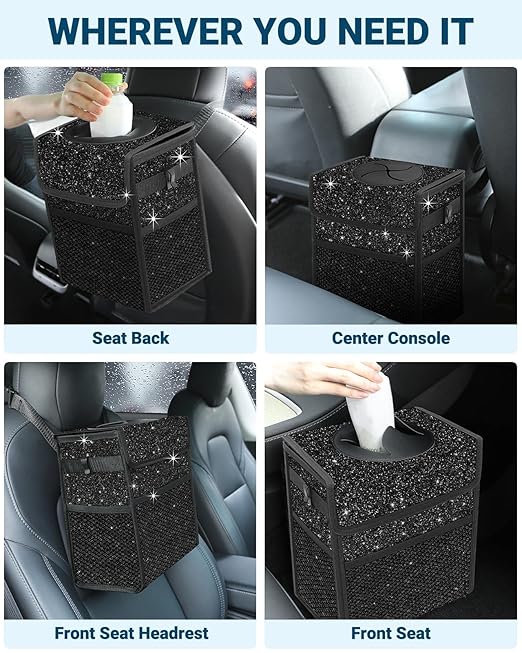 Capolo Car Trash Can with Lid, Leakproof Car Trash Bag Hanging Waterproof Automotive Garbage Can with Storage Pockets Mini Vehicle Trash Bin for Back/Front Seat(Sparkly Black,3 Gallon)