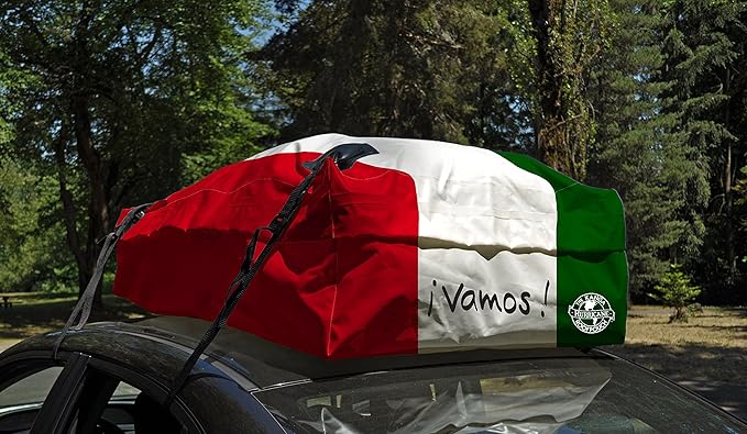 Kanga Waterproof Rooftop Cargo Carrier Storage Roof Bag - Universal Fit - Available in 4 Unique Styles (Canada Flag, Mexico Flag, American Flag, and Woodstock) - 14 Cubic feet Capacity. Built in USA