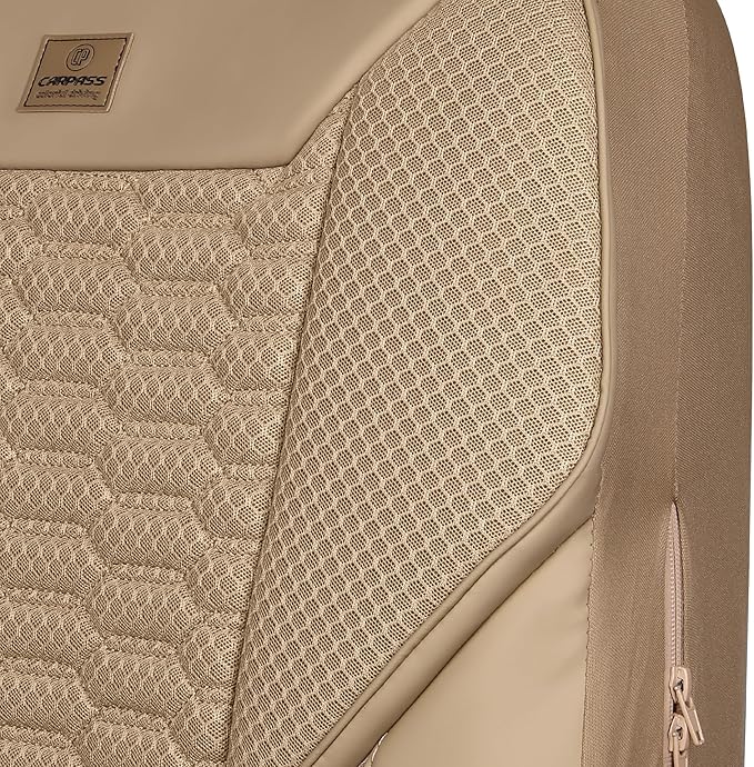 CAR PASS 3D Foam Mesh Leather Car Seat Covers Full Set, Tan Breathable Mesh Faux Leather Seat Covers for Car, Universal Fit for SUV Truck Sedan Automotive, Armrest Airbag Compatible, All Beige
