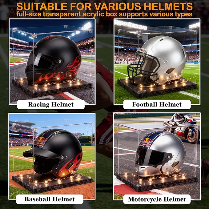 Football Helmet Display Case with Light Strip, Full Size Helmet Display Case with Wood Grain Base, UV Protection Helmet Showcase for Football, Hockey, Baseball, Motorcycle Helmets, Memorabilia Sports